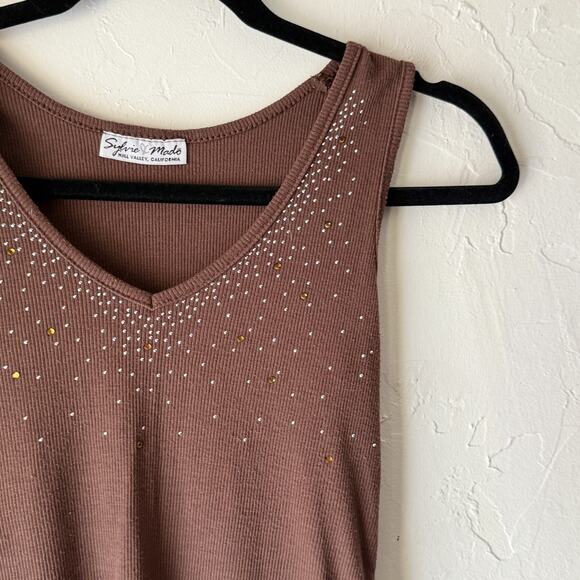 Sylvie & Mado Tank Top Y2k Small Brown Tuscan Rhinestone Ribbed Going Out - Picture 2 of 8